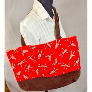 Handmade Sock Monkey Tote Bag, Red Brown Corduroy Bottom, Organizer, Cute